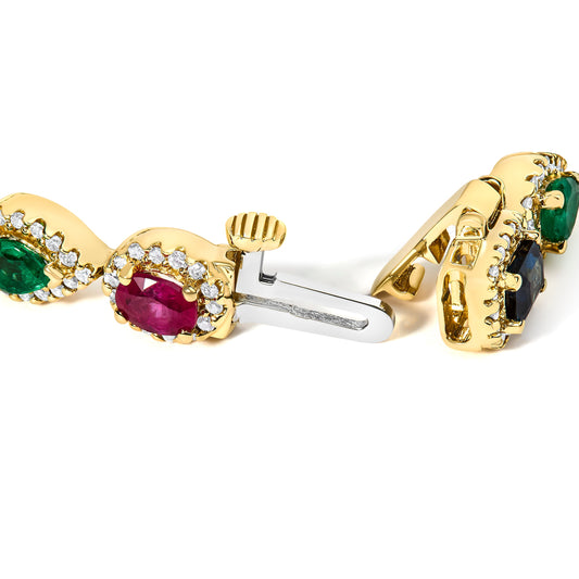 14K Yellow Gold Multi-Gemstone  and Diamond Halo Rainbow Tennis Bracelet