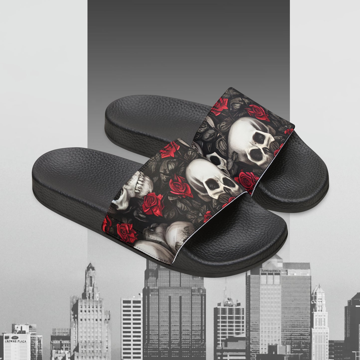 Hyper Realistic Skulls and Red Roses by artist Anne-Laure Goupil Men's PU Slide Sandals