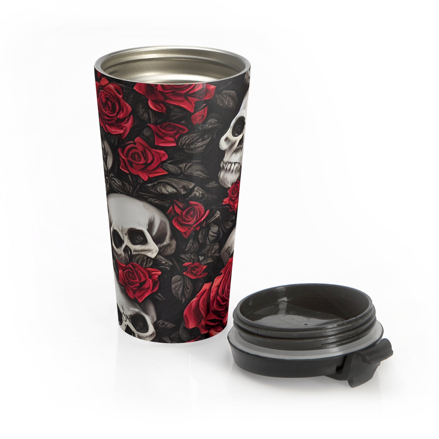 Hyper Realistic Skulls and Red Roses by artist Anne-Laure Goupil Stainless Steel Travel Mug