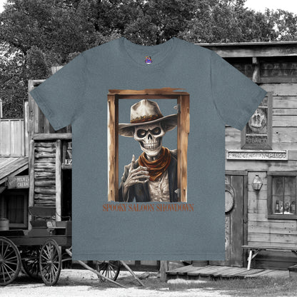 Spooky Saloon Showdown Gunslinging Skeleton Cowboy Halloween Unisex Jersey Short Sleeve Tee
