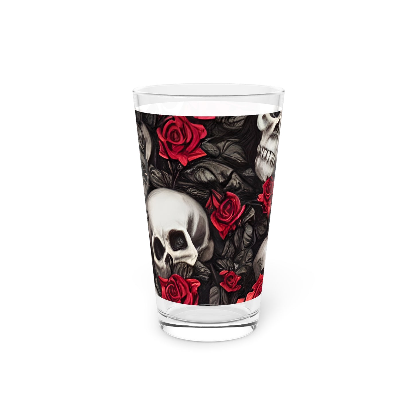 Hyper Realistic Skulls and Red Roses by artist Anne-Laure Goupil Pint Glass, 16oz