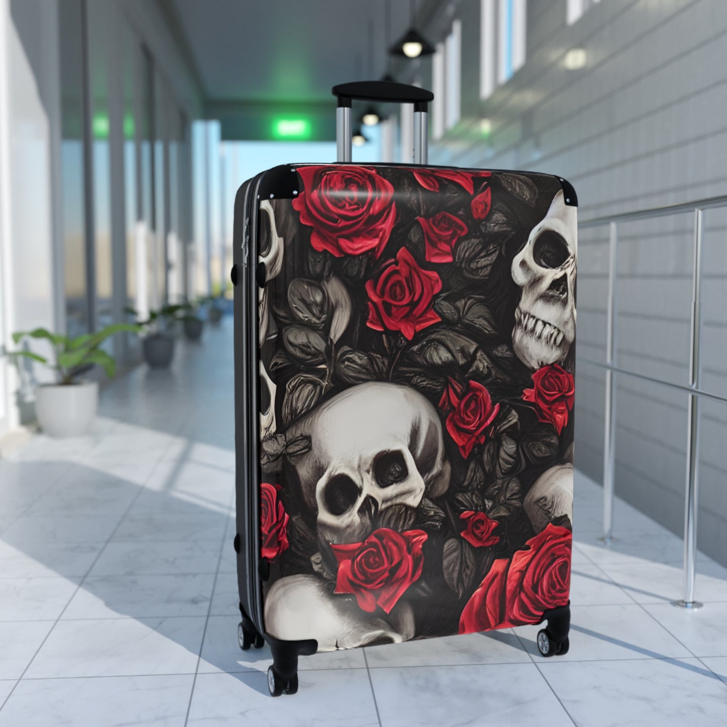 Hyper Realistic Skulls and Red Roses by artist Anne-Laure Goupil Suitcase