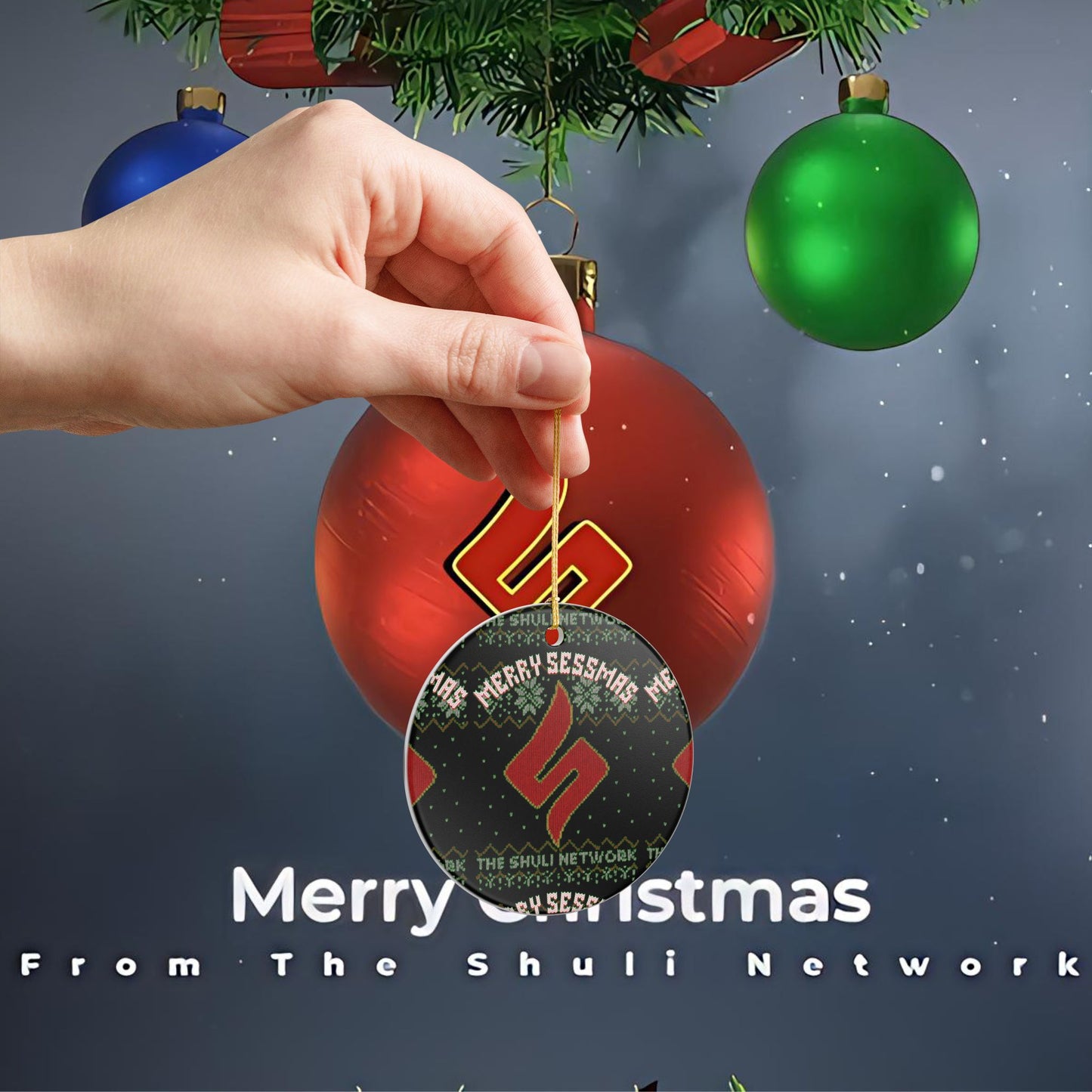 Ceramic Ornament — 'Merry Sessmas' Holiday Tree Decoration (Shuli Network Knit Design)