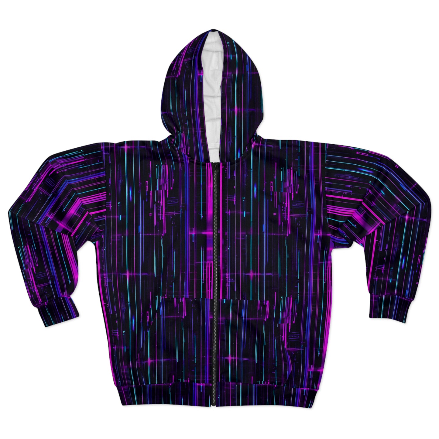 Cyberpunk Future Unisex (AOP) Zip Hoodie - Neon Lights, 3D Circuit Board, Blue Cyborg Skull