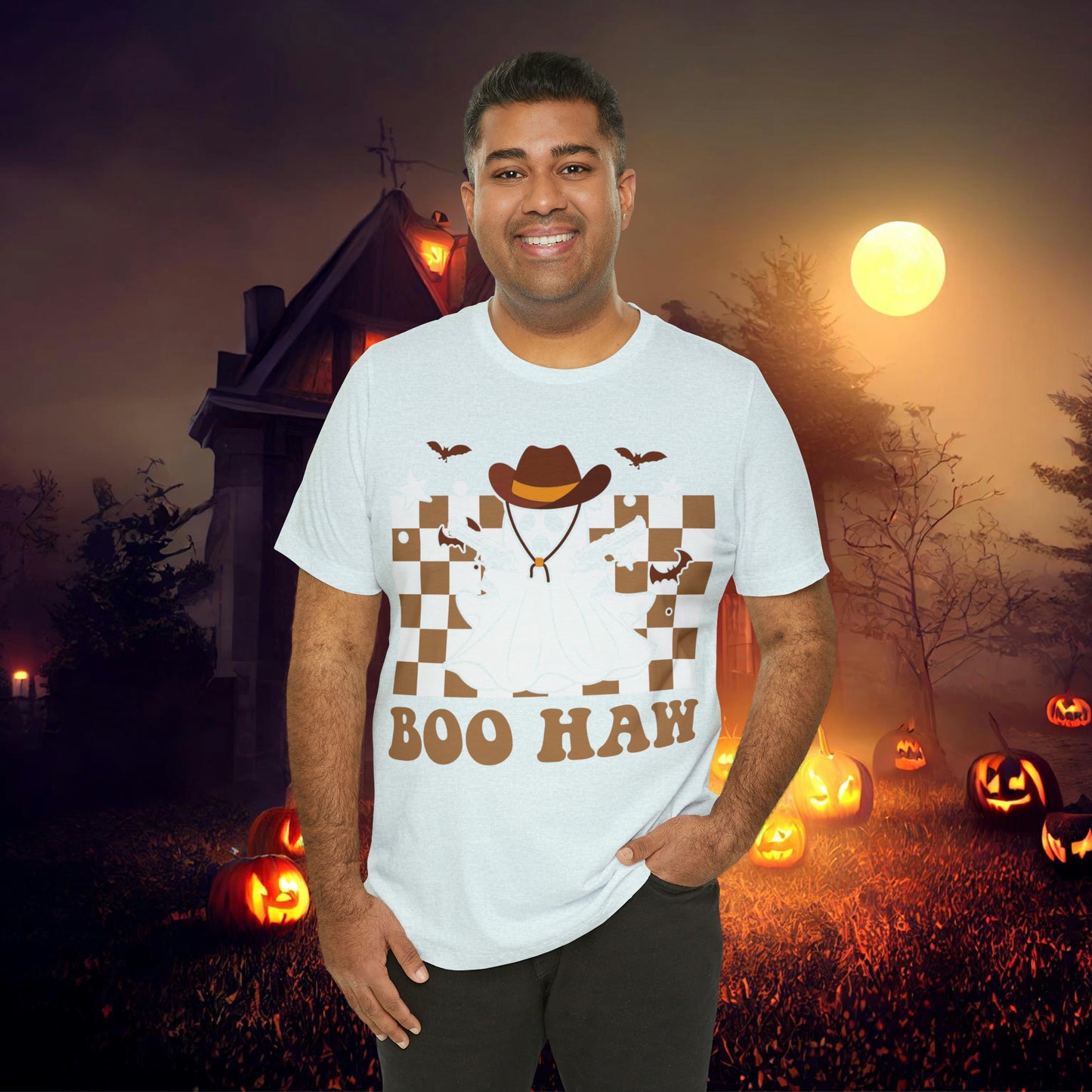 Cowboy Gunslinging Ghost saying Boo Haw Retro Western Halloween Unisex Jersey Short Sleeve Tee Gifts for Him Gifts for Her