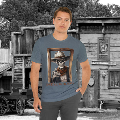 Spooky Saloon Showdown Gunslinging Skeleton Cowboy Halloween Unisex Jersey Short Sleeve Tee