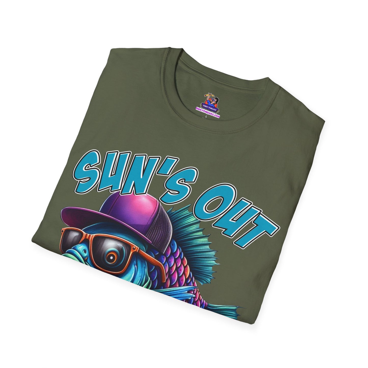 Sun's Out Guns Out Unisex Softstyle T-Shirt Fishing humor, Fisherman Gift Pun T-Shirt Funny Fish Tee Fishy Vibes Unique Unisex Tee