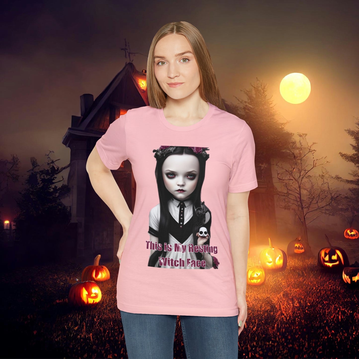 Wednesday Addams Chibi by Charlie Bowater This Is my Resting Witch Face Halloween Unisex Jersey Short Sleeve Tee