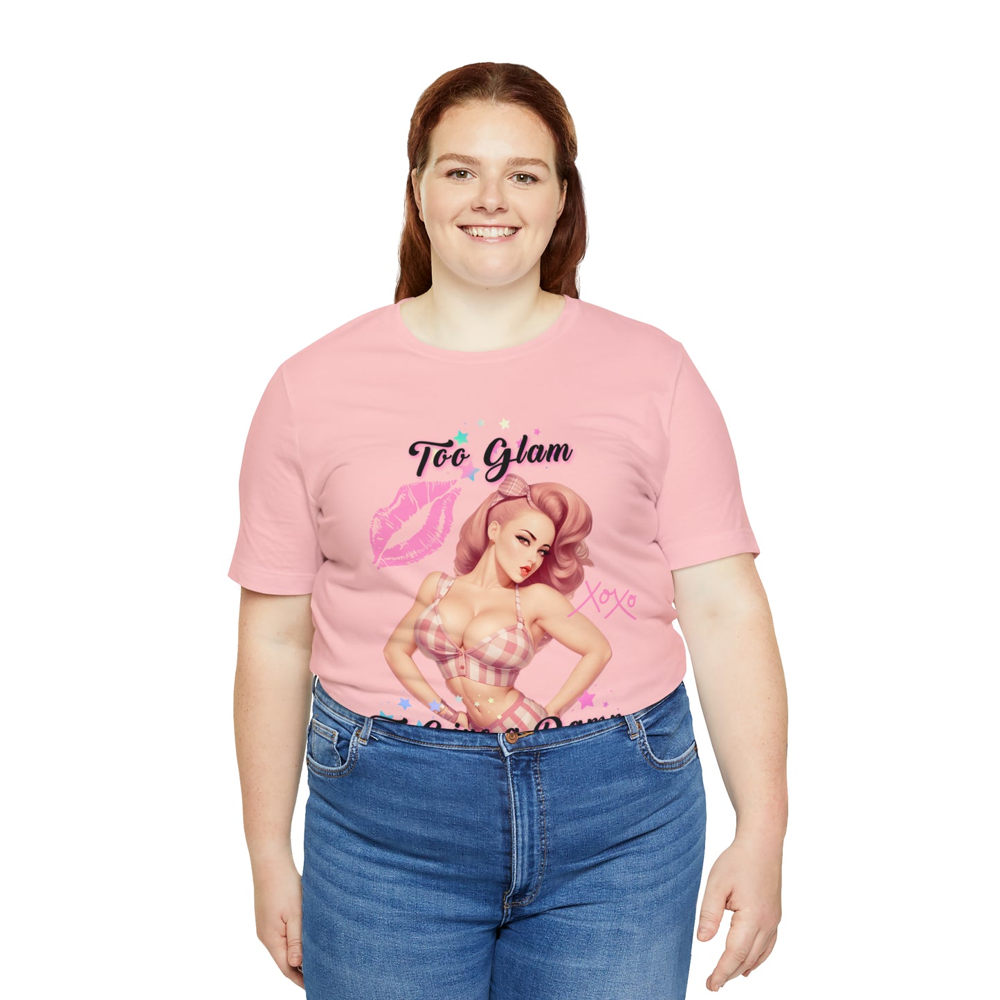 Vintage Pink Pinup Girl "Too Glam To Give a D*mn" on a Bella+Canva 3001 Unisex Jersey T-Shirt - A Must-Have Gift for her