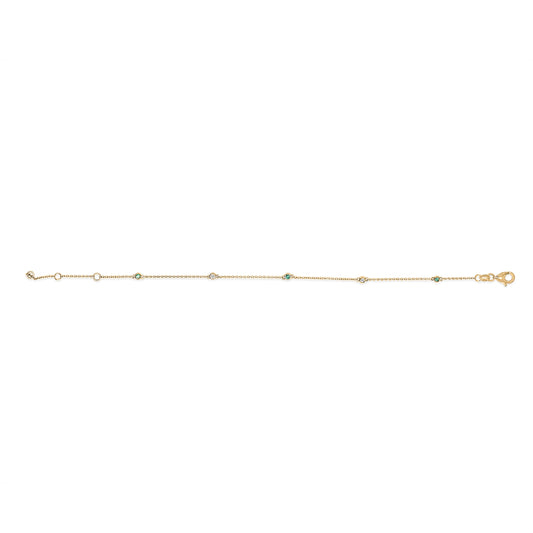 14K Yellow Gold Alternating Green Emerald and Diamond Bezel Station Chain Bracelet - Size 7.5 inch