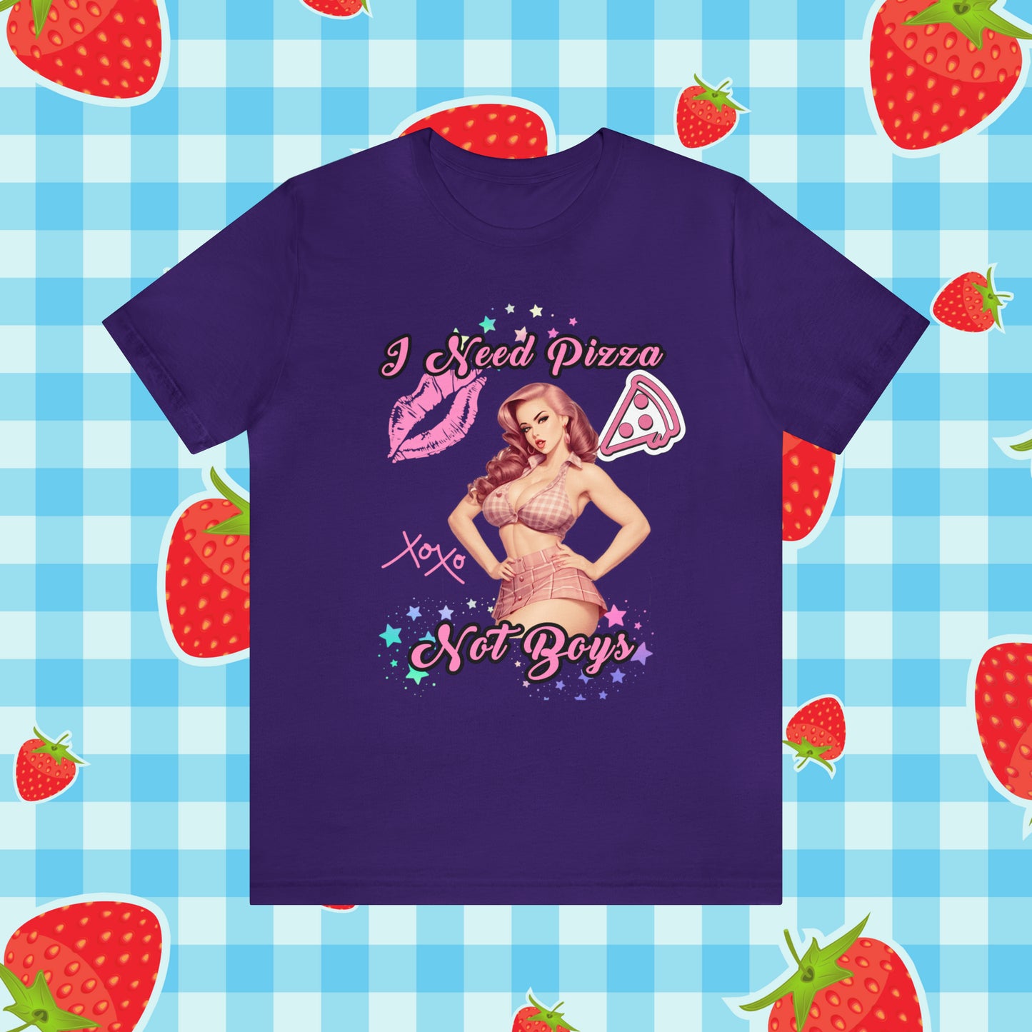 Vintage Pink Pinup Girl "I need Pizza Not Boys" on a Bella+Canva 3001 Unisex Jersey T-Shirt - A Must-Have Gift for her