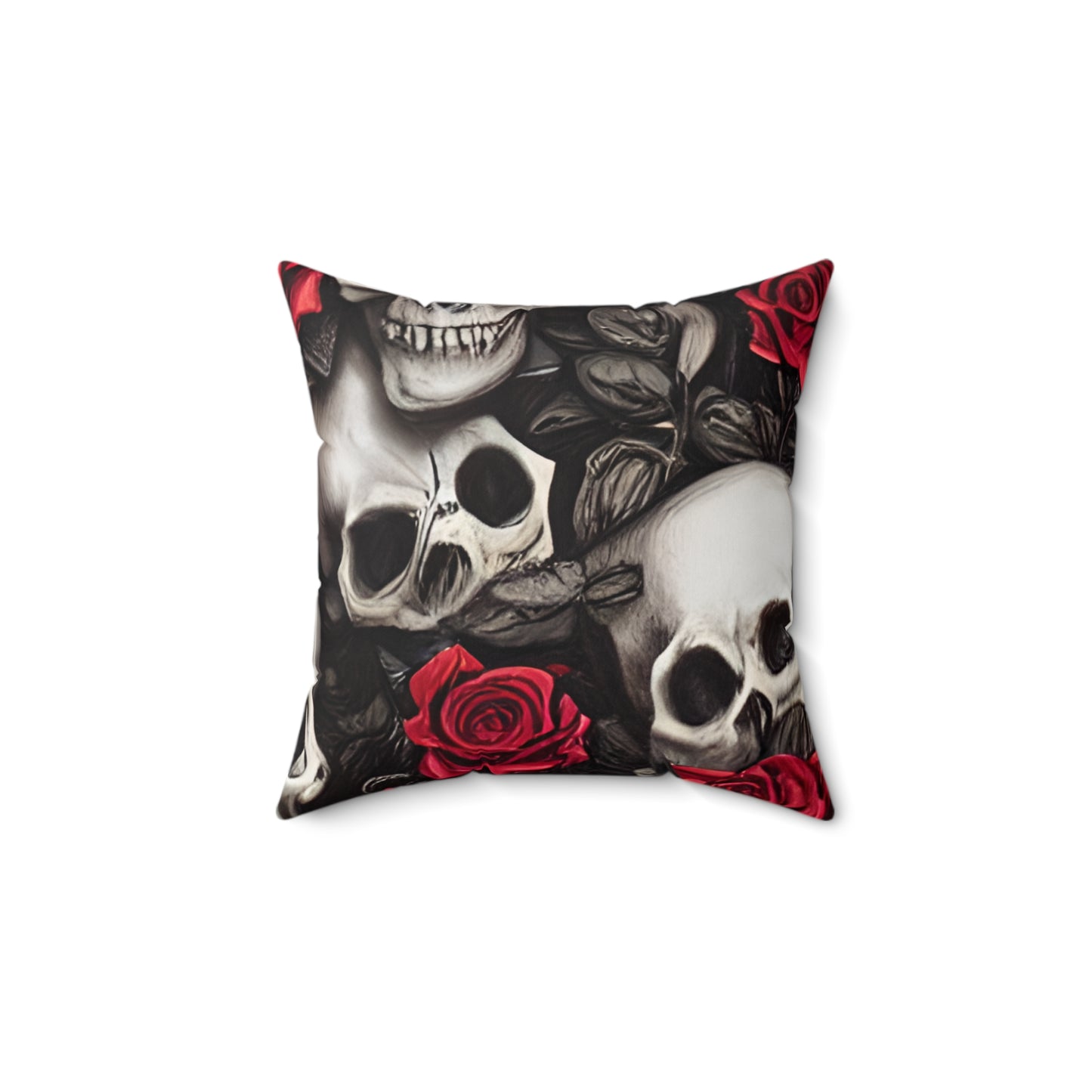 Hyper Realistic Skulls and Red Roses by artist Anne-Laure Goupil Spun Polyester Square Pillow