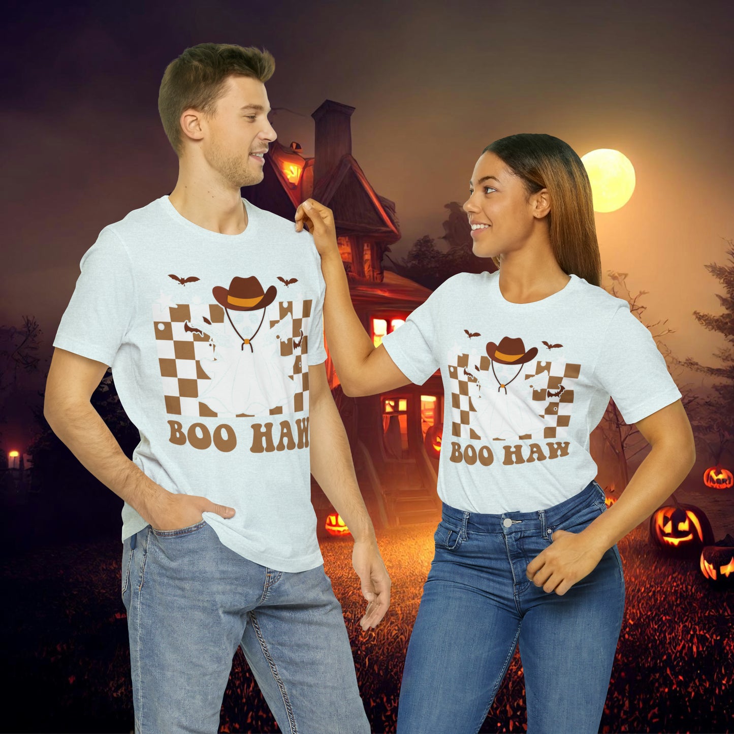 Cowboy Gunslinging Ghost saying Boo Haw Retro Western Halloween Unisex Jersey Short Sleeve Tee Gifts for Him Gifts for Her