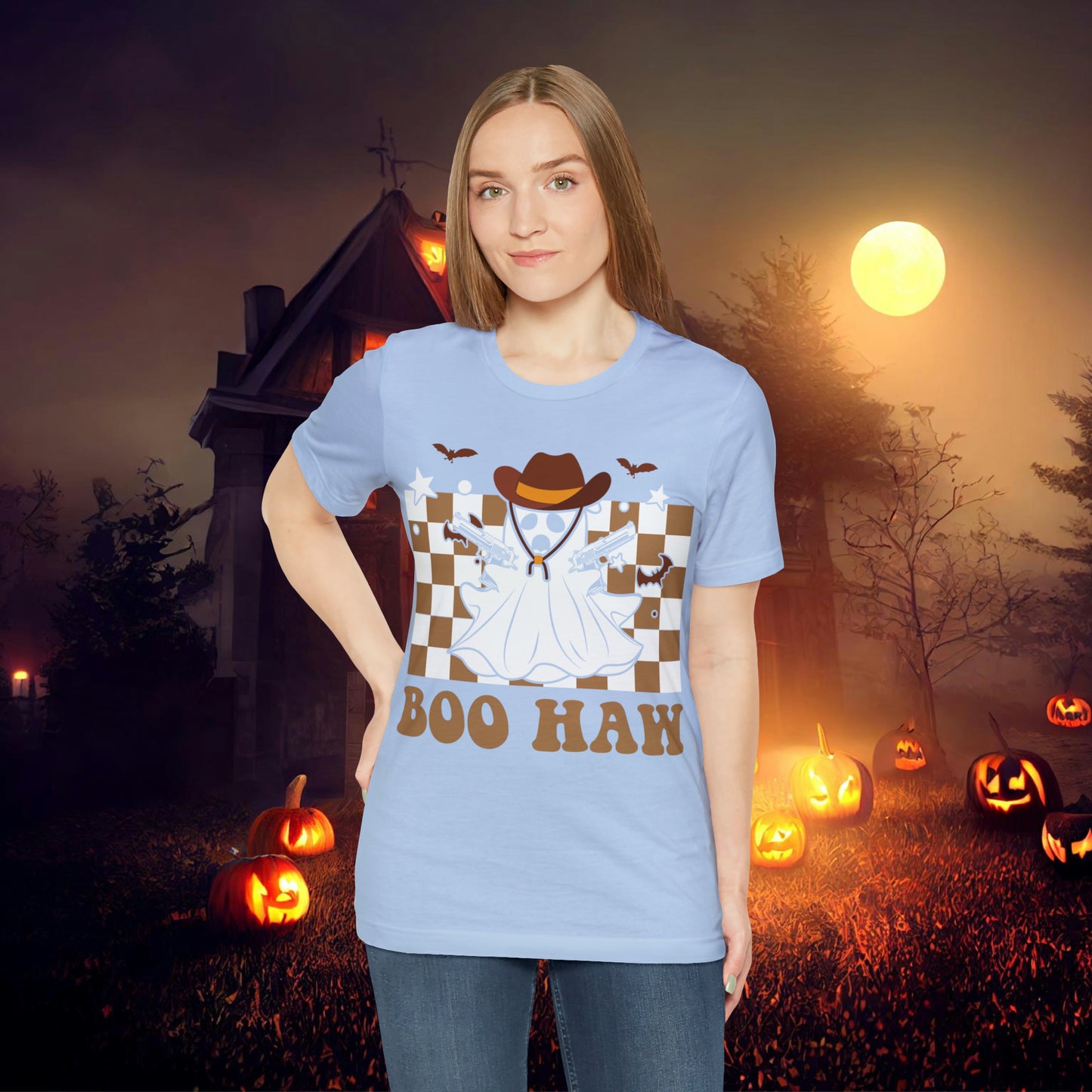 Cowboy Gunslinging Ghost saying Boo Haw Retro Western Halloween Unisex Jersey Short Sleeve Tee Gifts for Him Gifts for Her