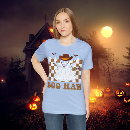 Cowboy Gunslinging Ghost saying Boo Haw Retro Western Halloween Unisex Jersey Short Sleeve Tee Gifts for Him Gifts for Her