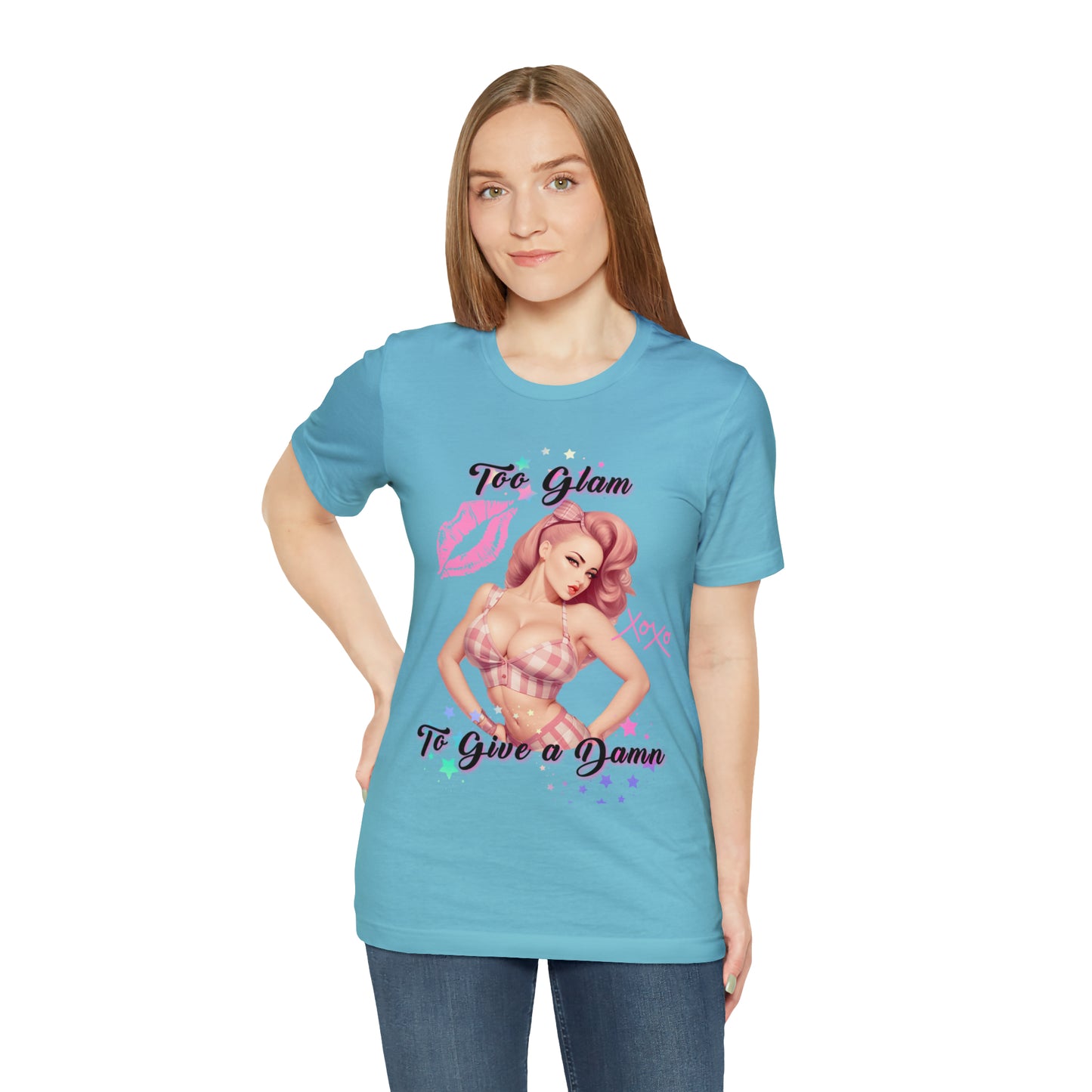 Vintage Pink Pinup Girl "Too Glam To Give a D*mn" on a Bella+Canva 3001 Unisex Jersey T-Shirt - A Must-Have Gift for her