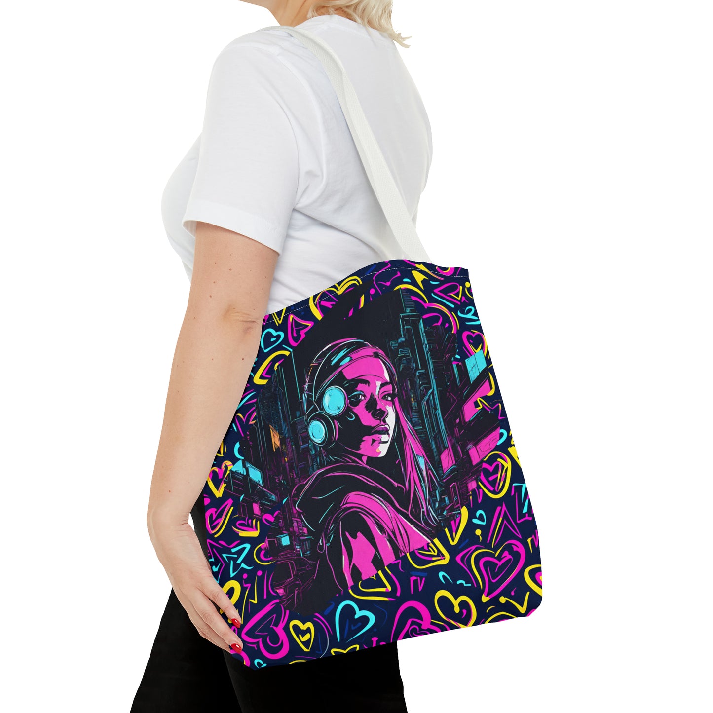 Cyberpunk Girl in Neon Graffiti Hearts AOP Tote Bag 3 sizes 5 color handle options