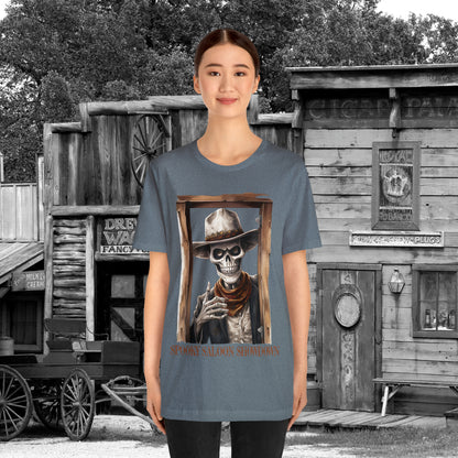 Spooky Saloon Showdown Gunslinging Skeleton Cowboy Halloween Unisex Jersey Short Sleeve Tee