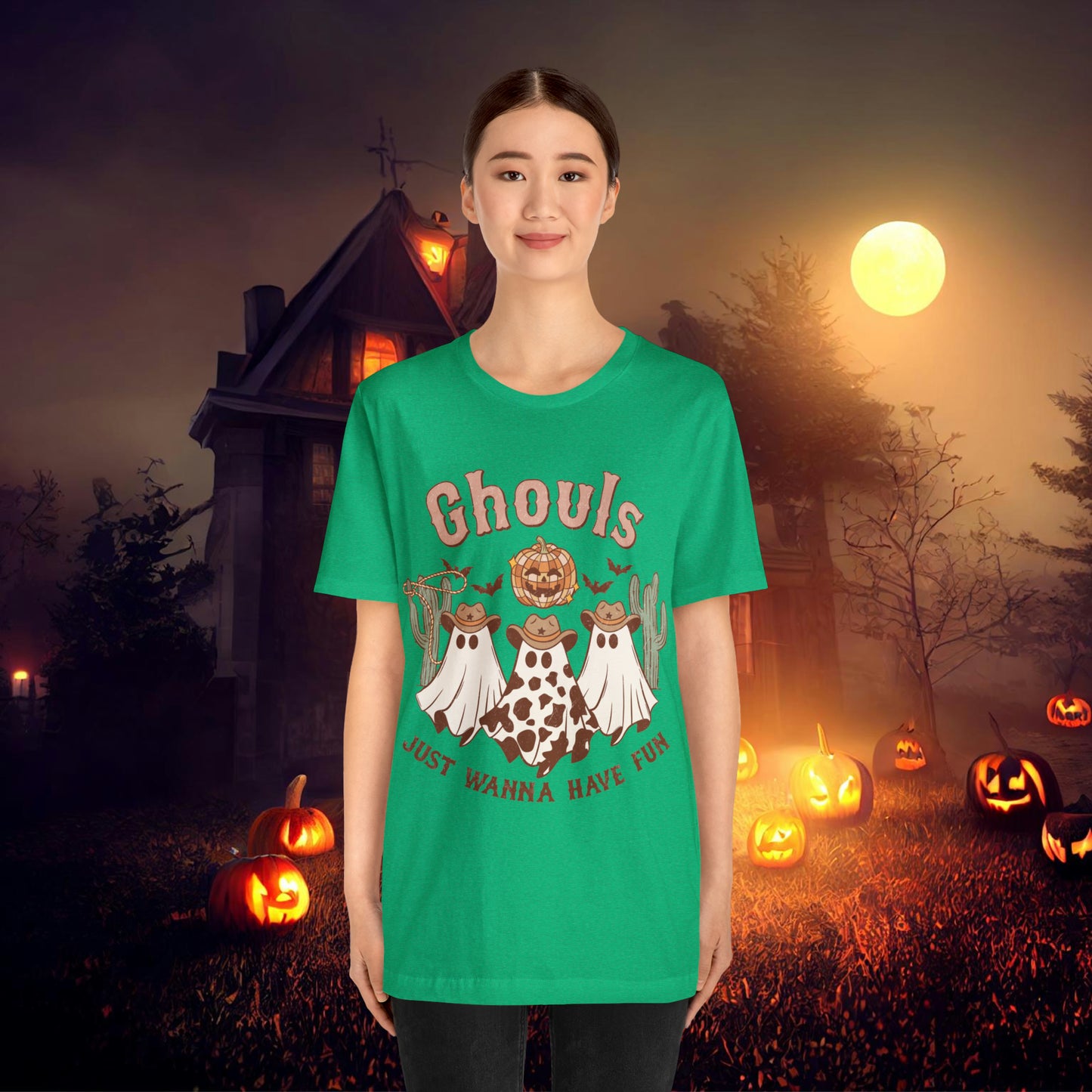 Ghouls Just wanna have fun Cowgirl Ghosts Retro Halloween Unisex Jersey Short Sleeve Tee Gifts for her