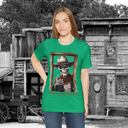 Spooky Saloon Showdown Gunslinging Skeleton Cowboy Halloween Unisex Jersey Short Sleeve Tee