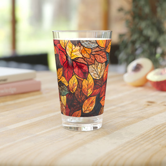 Seasonal Fall Leaves on a Stained Glass Masterpiece 16oz Pint Glass Gift idea gifts for home decor housewarming gift