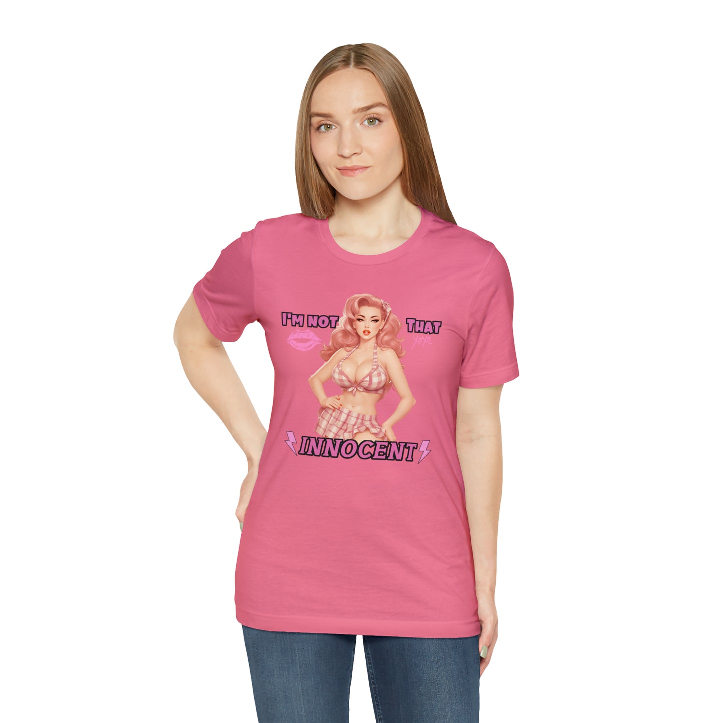 Timeless Elegance: Vintage Pink Pinup Girl "I'm not that Innocent on a Bella+Canva 3001 Unisex Jersey T-Shirt - A Must-Have Gift for her