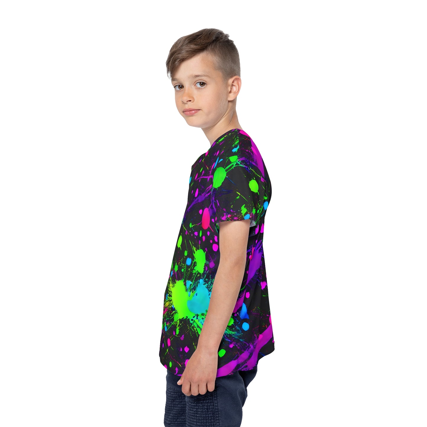 Expressive Play: All Over Print Kid Sport Jersey with Green and Pink Paint Splats