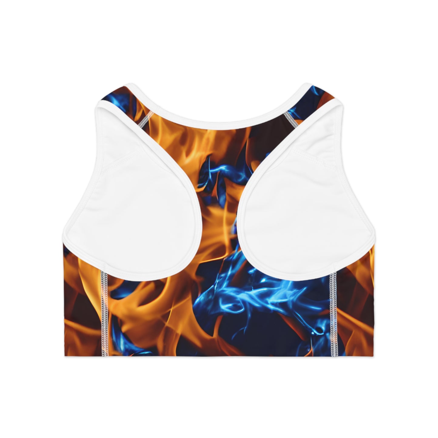 Blue and Orange Flame All Over Print (AOP) Sports Bra - Ignite Your Workout Style