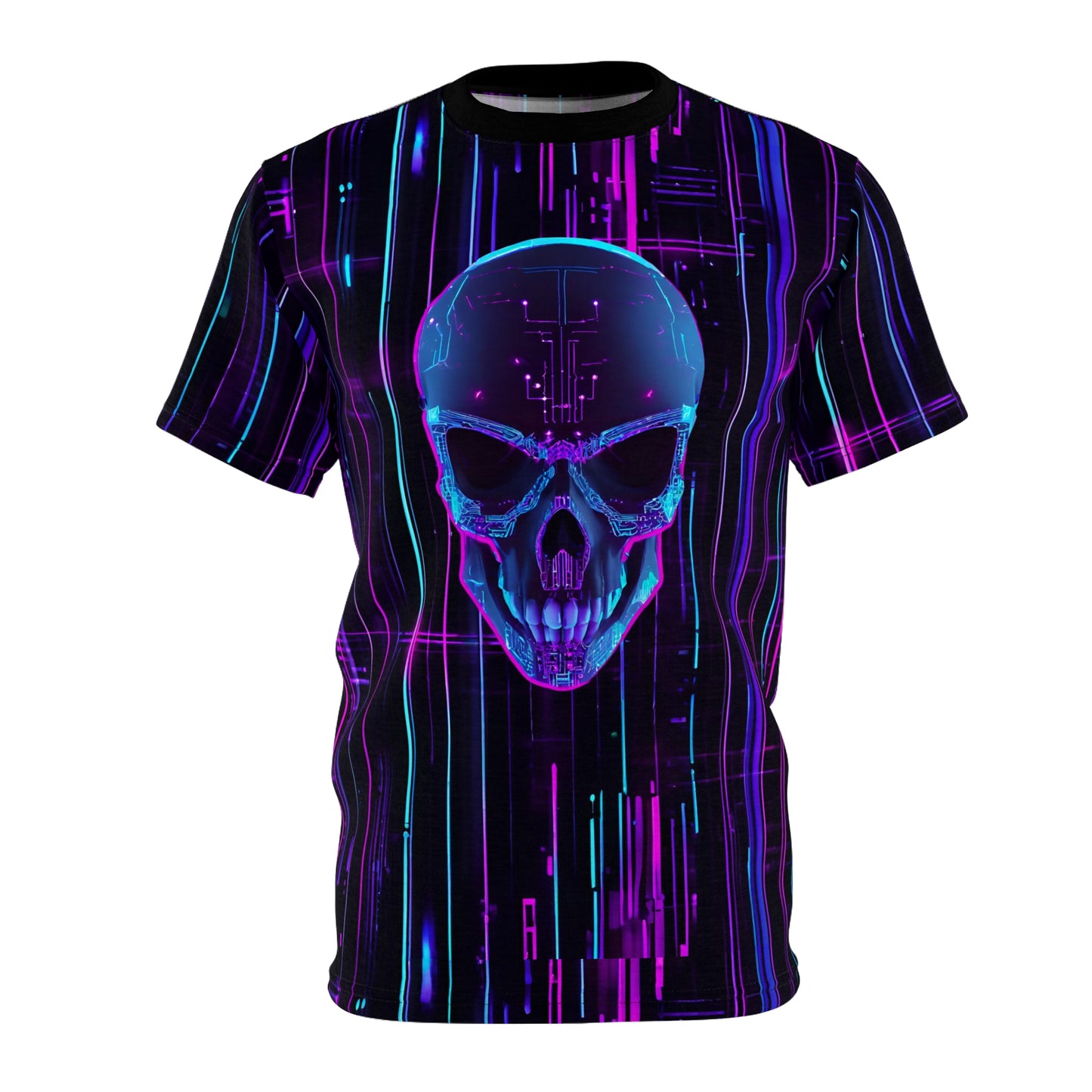 3D Neon Cyborg Skull on Futuristic Lights Cyberpunk Unisex Cut & Sew Tee (AOP)