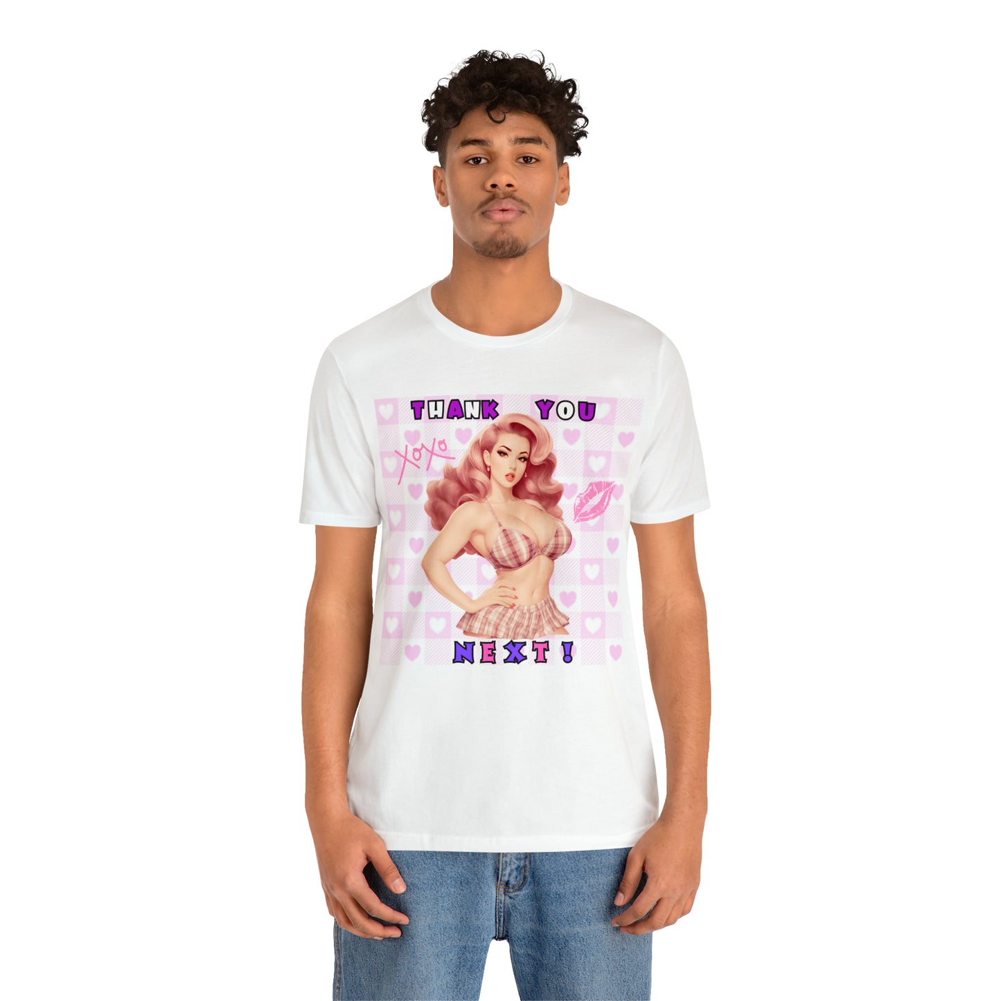 Timeless Elegance: Vintage Pink Pinup Girl "Thank You Next" on a Bella+Canva 3001 Unisex Jersey T-Shirt - A Must-Have Gift for her