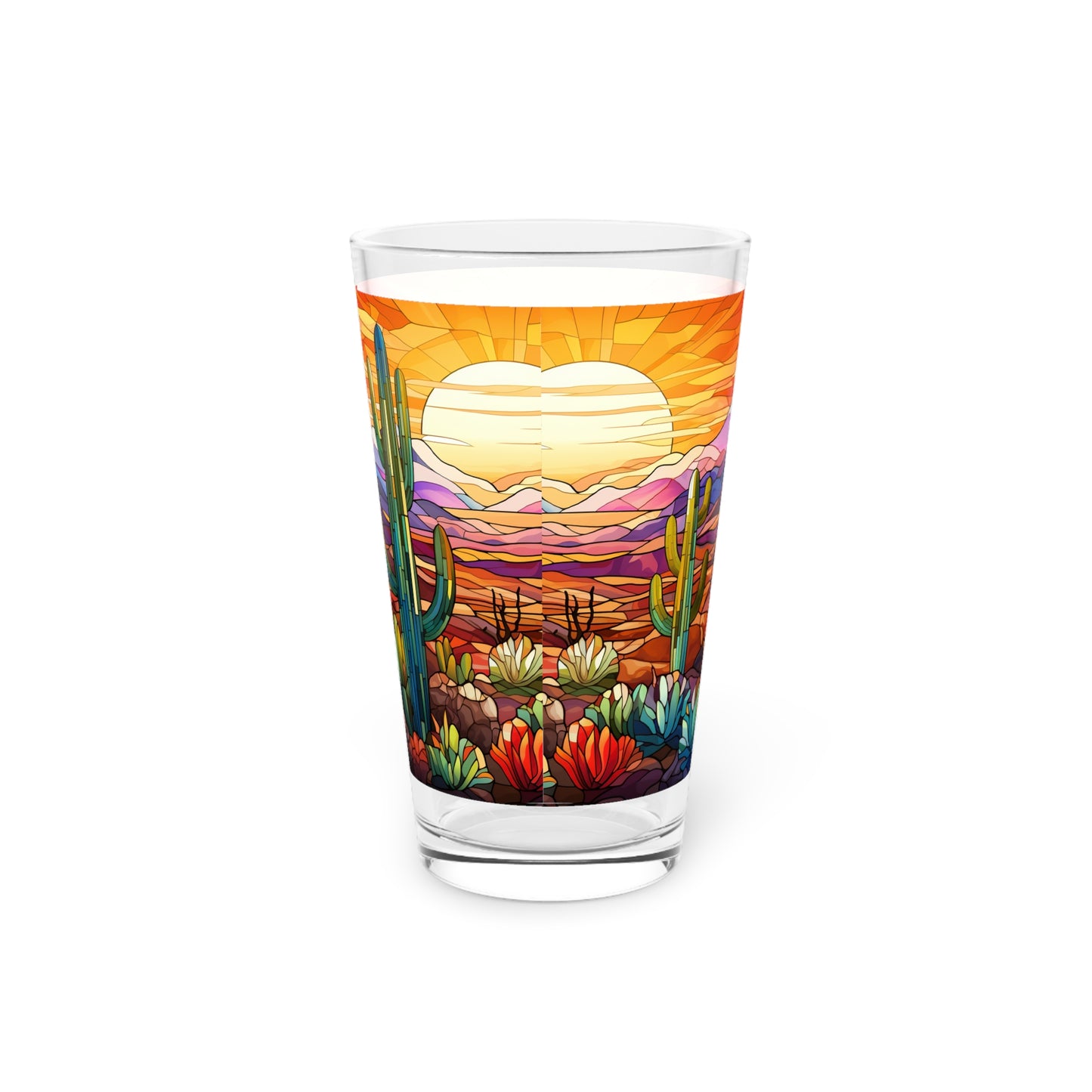 Desert with a Cactus Bloom: A Stained Glass Tribute to Cacti 16oz Pint Glass Gift idea gifts for home decor housewarming gift