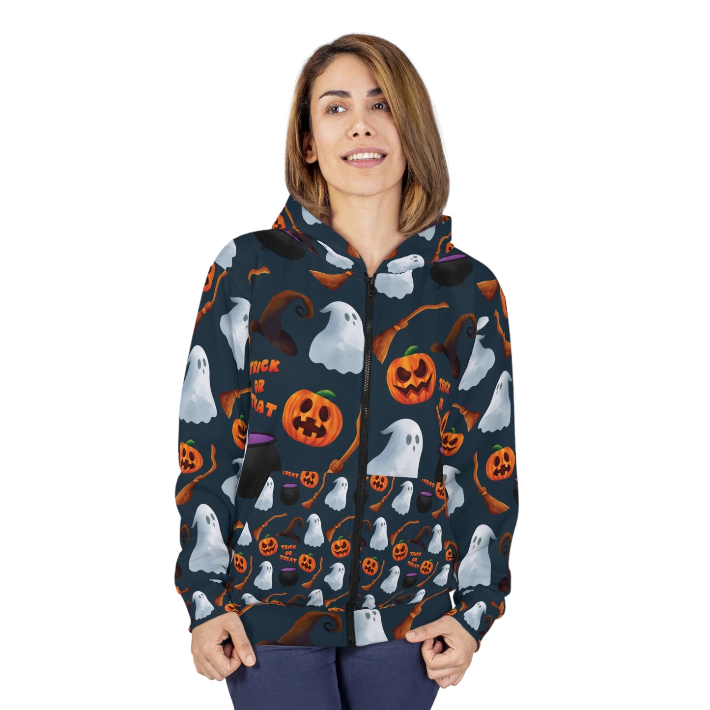 Trick or Treat Halloween Unisex Zip Hoodie (AOP) Gifts for Him Gifts For Her