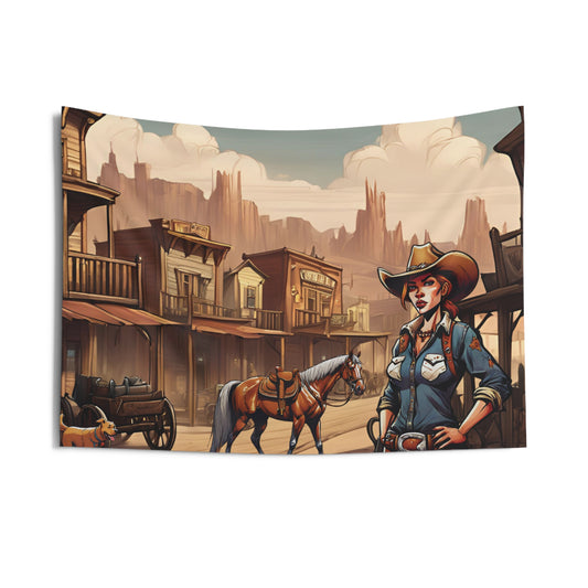 Rustle Up Charm: Cowgirl in a Western Town Indoor Tapestry - Vintage Frontier Décor