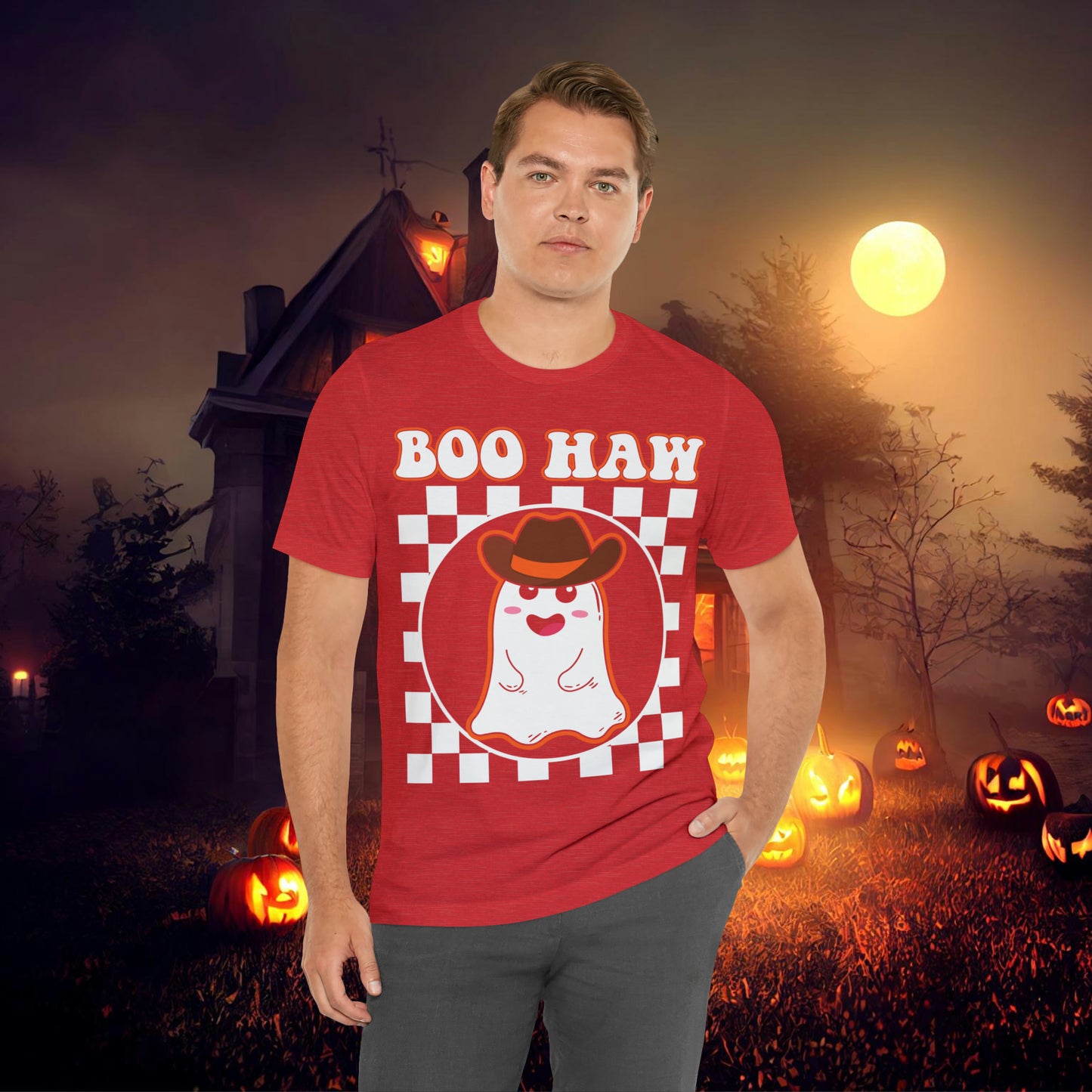 Cute Cowboy Ghost Saying Boo Haw Retro Groovy Western Halloween Unisex Jersey Short Sleeve Tee Gifts for Him Gifts For Her