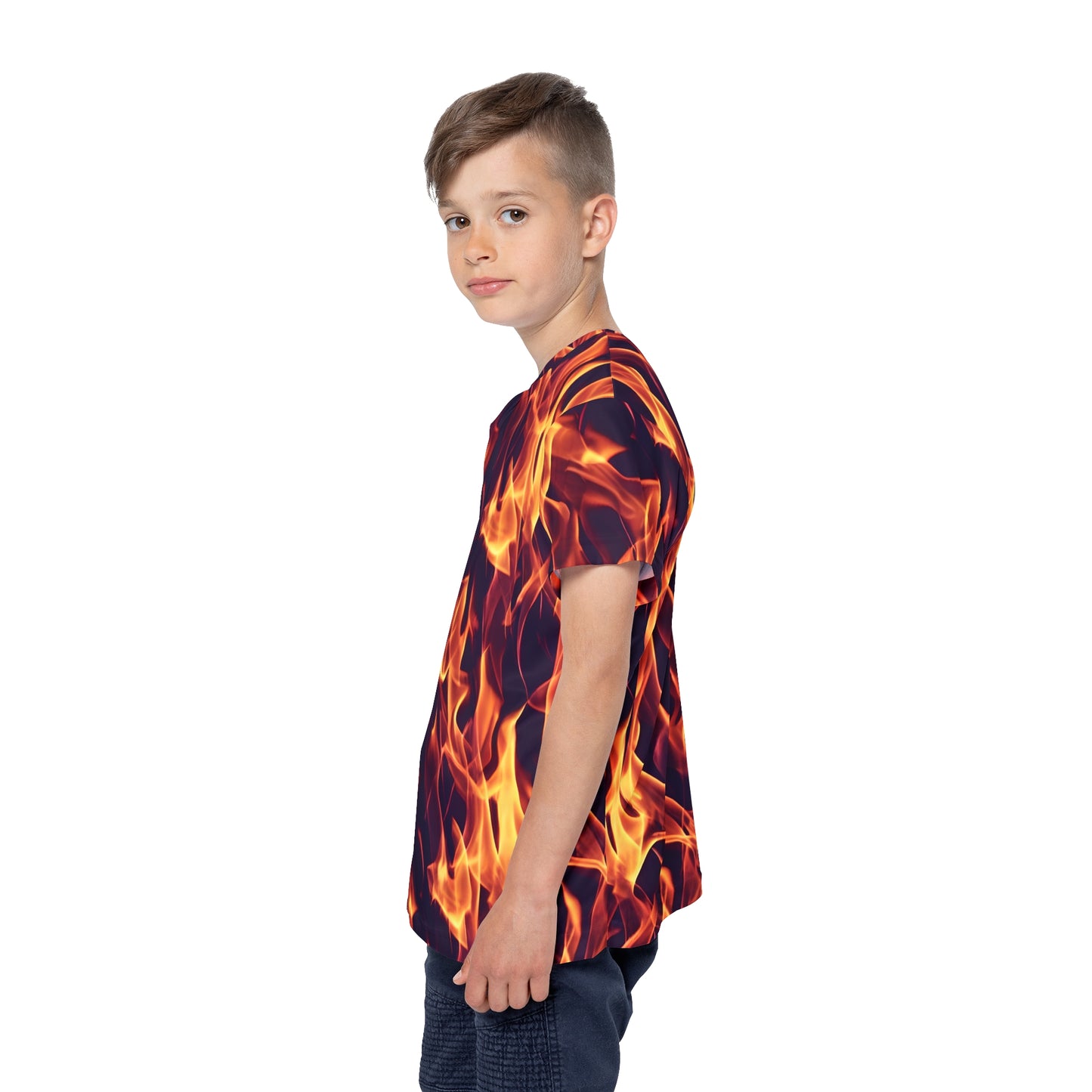 Fuel Their Passion: All Over Print Kid Sport Jersey with Flames