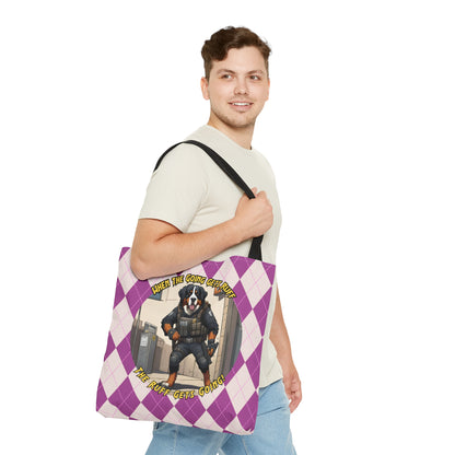 Bernese Mountain Dog Tote Bag | AOP Purple Rhombus Pattern | 'When the Going Gets Ruff, the Ruff Get Going' SWAT Gear Dog Art