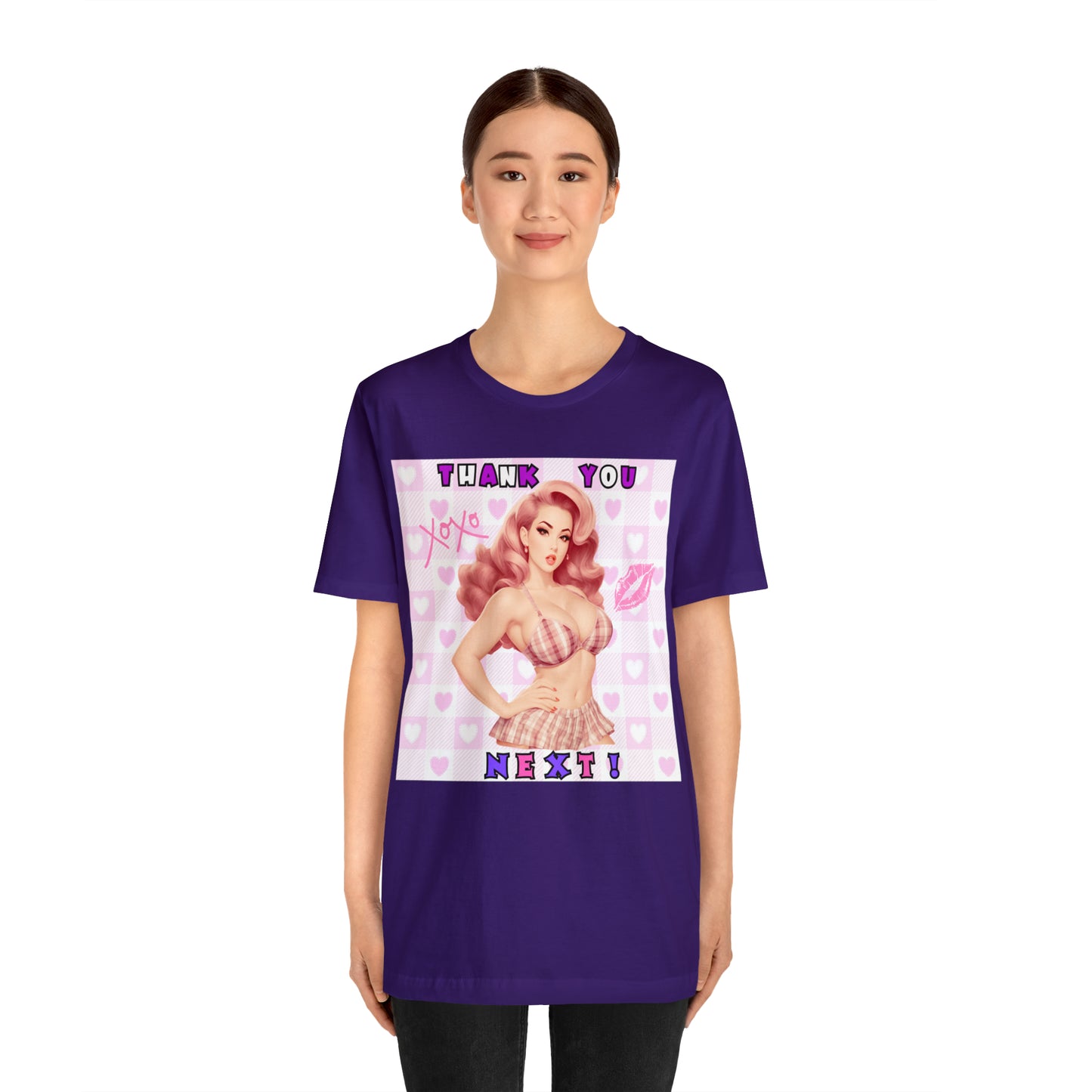 Timeless Elegance: Vintage Pink Pinup Girl "Thank You Next" on a Bella+Canva 3001 Unisex Jersey T-Shirt - A Must-Have Gift for her