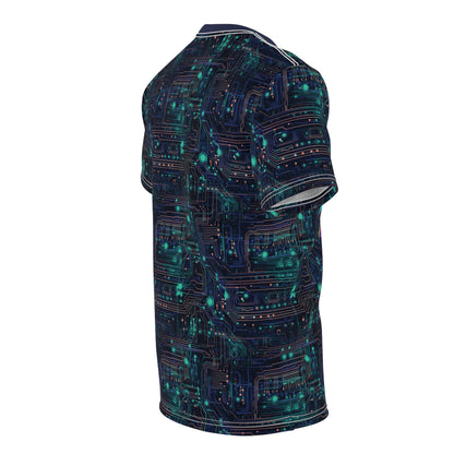 Cyberpunk Vision: Neon Circuit Board Unisex Cut & Sew Tee