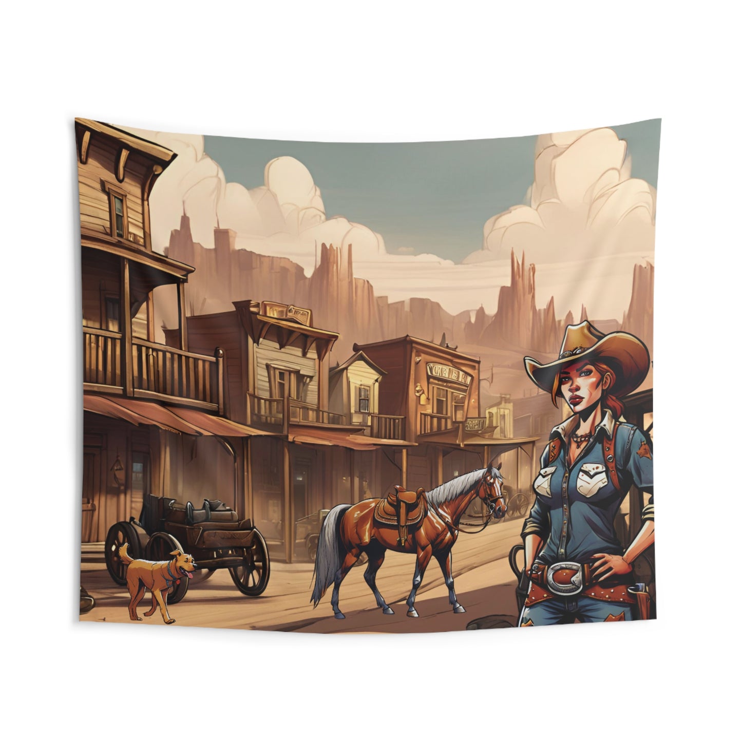 Rustle Up Charm: Cowgirl in a Western Town Indoor Tapestry - Vintage Frontier Décor