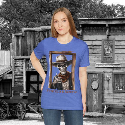 Spooky Saloon Showdown Gunslinging Skeleton Cowboy Halloween Unisex Jersey Short Sleeve Tee