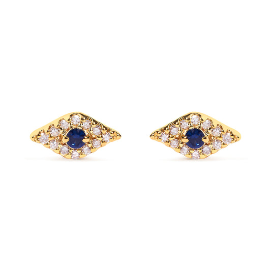 10K Yellow Gold Blue Sapphire and Diamond Accent Evil Eye Stud Earring (H-I Color, I1-I2 Clarity)