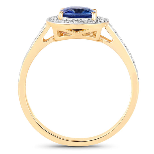 1.31 Carat Genuine Blue Sapphire and White Diamond 18K Yellow Gold Ring