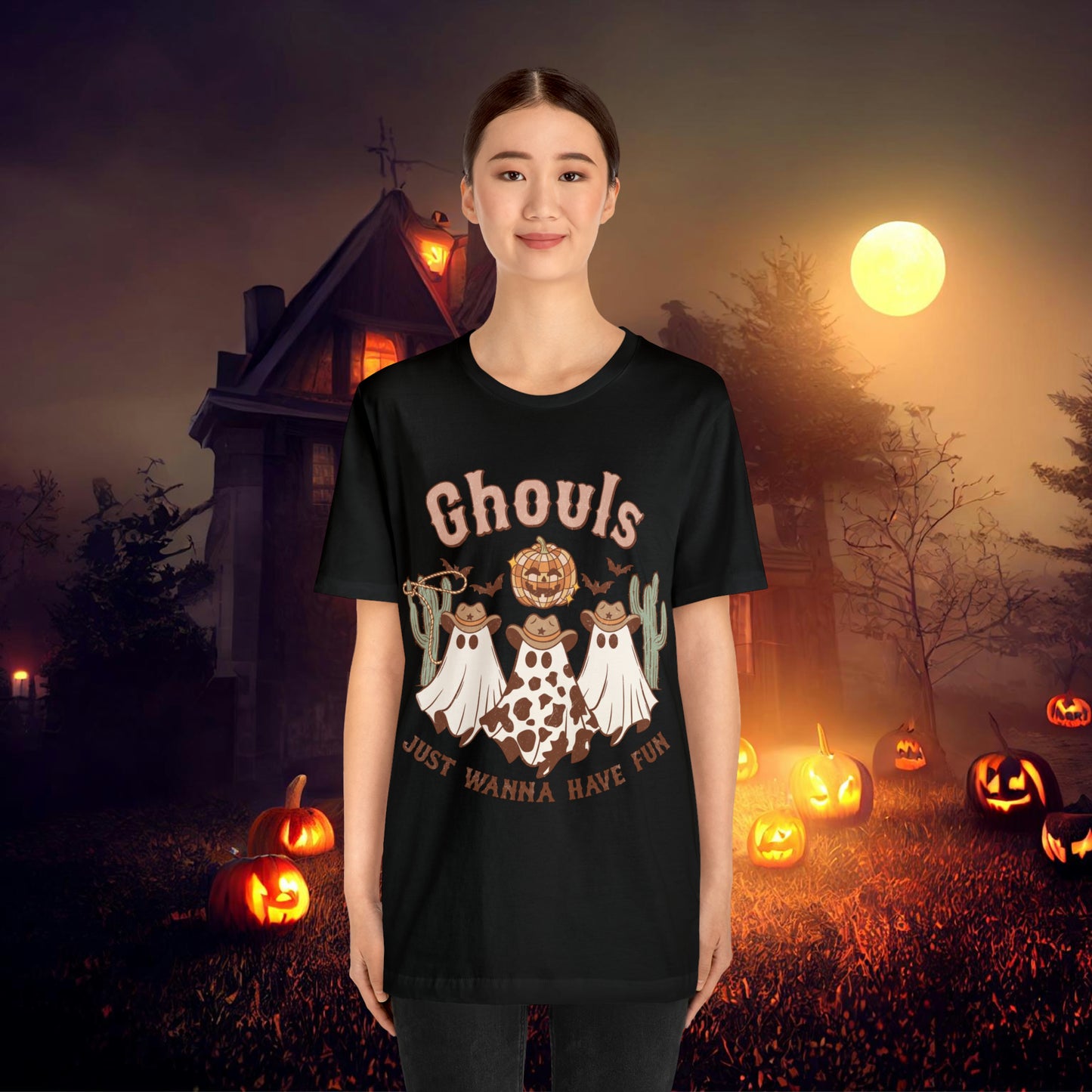 Ghouls Just wanna have fun Cowgirl Ghosts Retro Halloween Unisex Jersey Short Sleeve Tee Gifts for her