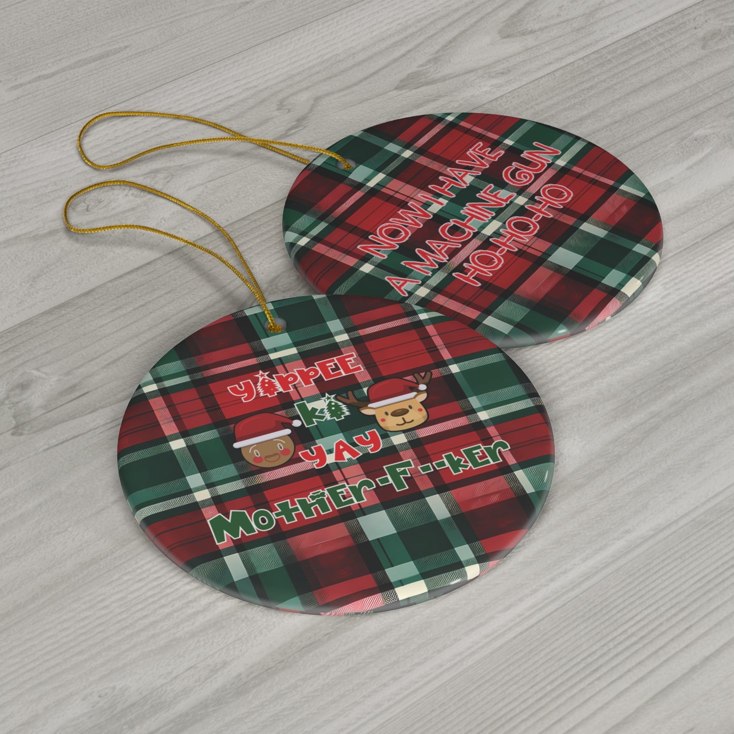 Christmas Ceramic Ornament | Yippee Ki Yay Mother-F--ker | Die Hard Inspired Funny Holiday Decor | Plaid Pattern