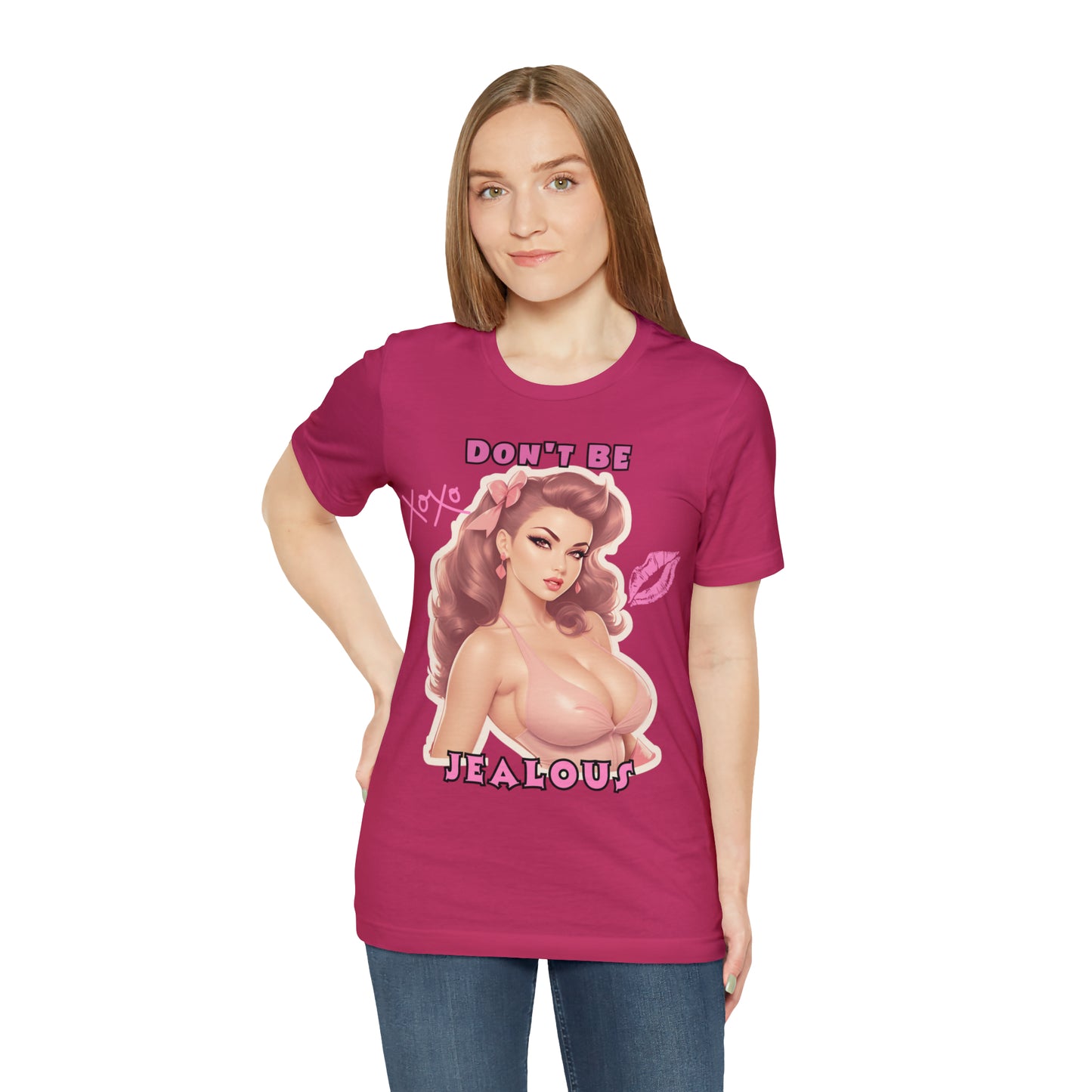 Timeless Elegance: Vintage Pink Pinup Girl "Don't Be Jealous" on a Bella+Canva 3001 Unisex Jersey T-Shirt - A Must-Have Gift for her