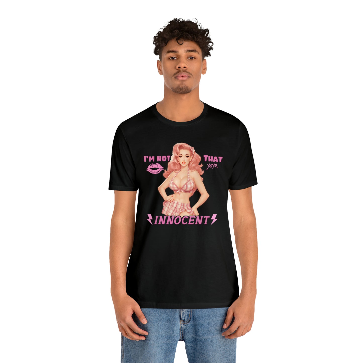 Timeless Elegance: Vintage Pink Pinup Girl "I'm not that Innocent on a Bella+Canva 3001 Unisex Jersey T-Shirt - A Must-Have Gift for her