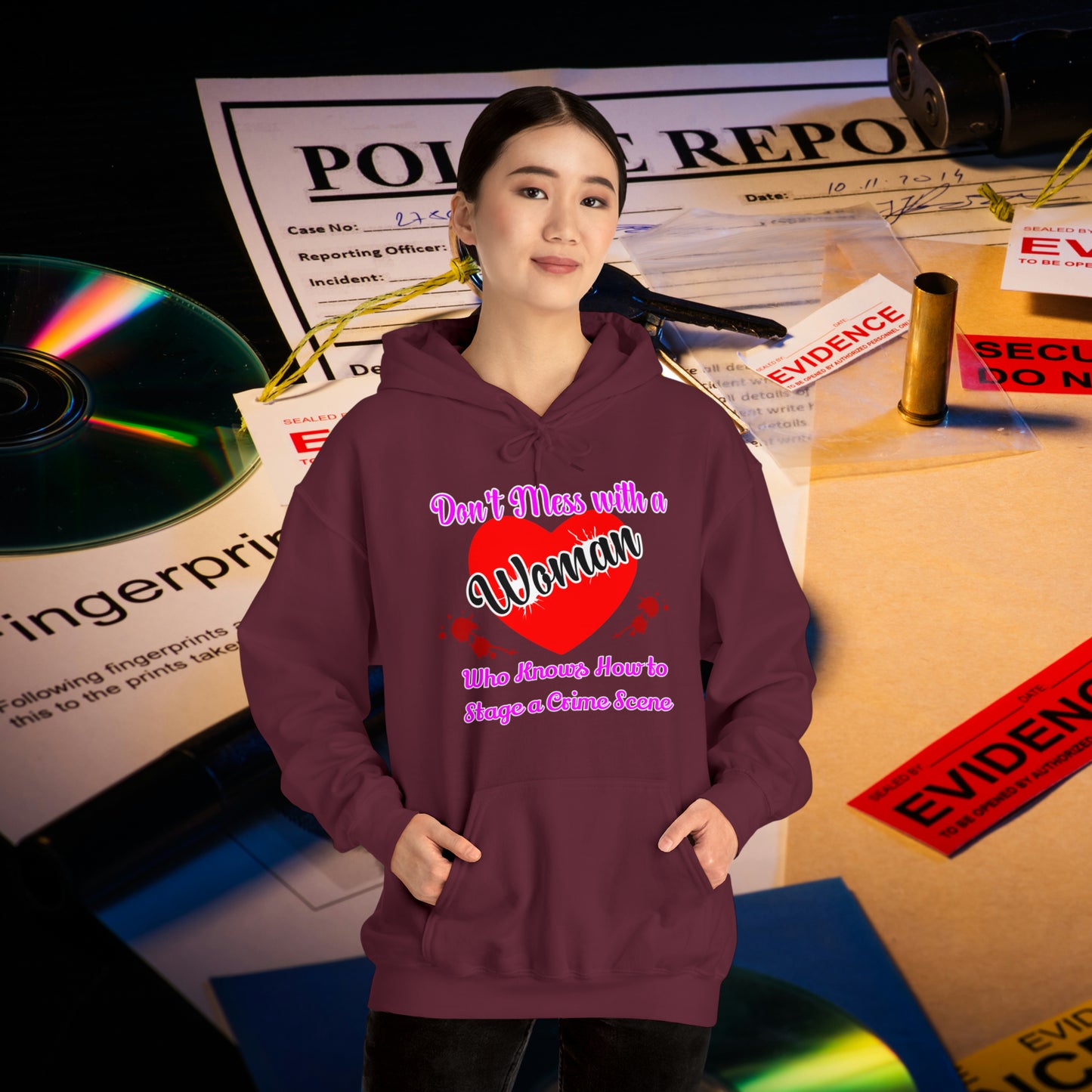 Don't Mess With a Woman who knows how to stage a Crime Scene Unisex Heavy Blend™ Hooded Sweatshirt Gifts for Him Gifts for her