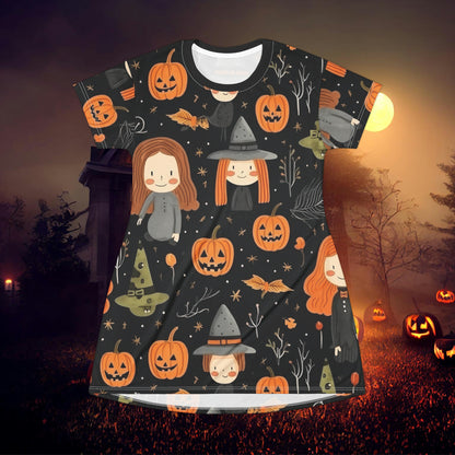 Halloween Trick or Treat Ghosts Witch Hats Jack o Lanterns T-Shirt Dress (AOP)