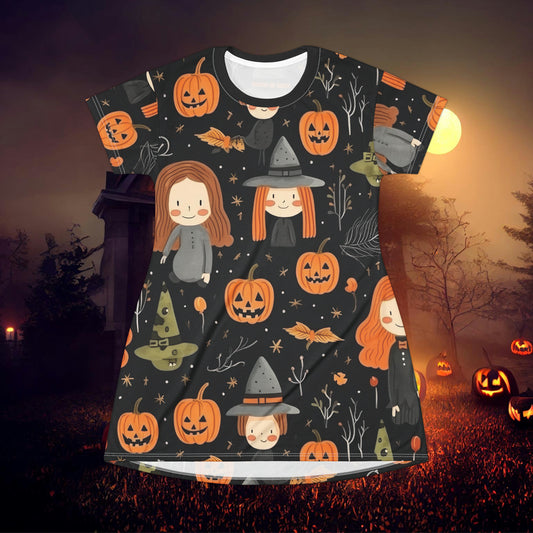 Halloween Trick or Treat Ghosts Witch Hats Jack o Lanterns T-Shirt Dress (AOP)