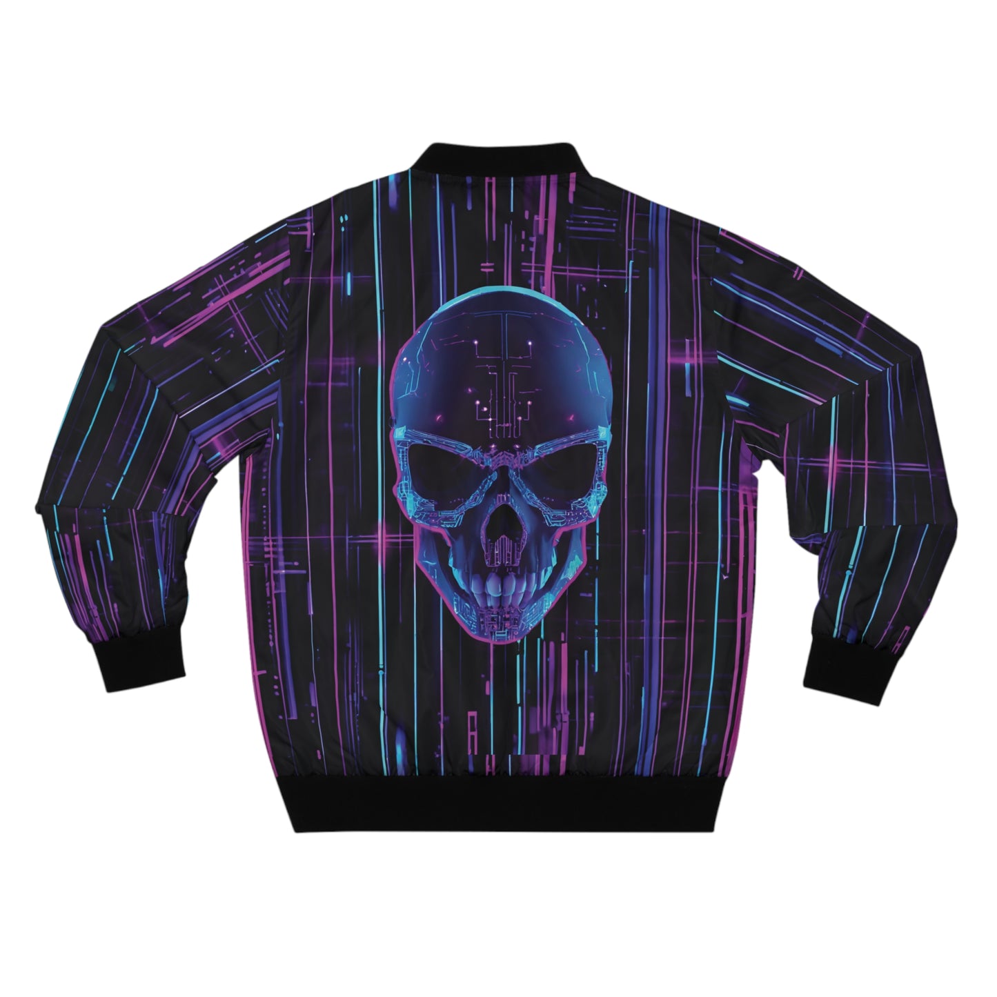 3D Neon Cyborg Skull & Futuristic Lights Cyberpunk Men's Bomber Jacket (AOP)